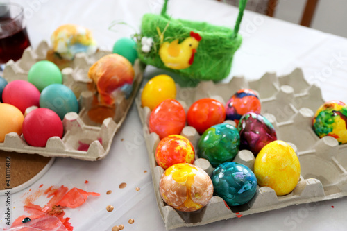 Dye or dying Easter eggs. Coloring and painting Easter eggs