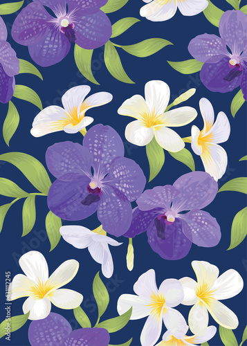 Seamless pattern of orchid and plumeria flower background template. Vector set of floral element for wedding invitations  greeting card  brochure  banners and fashion design.