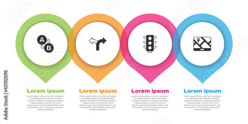 Set Route location, Road traffic sign, Traffic light and City map navigation. Business infographic template. Vector