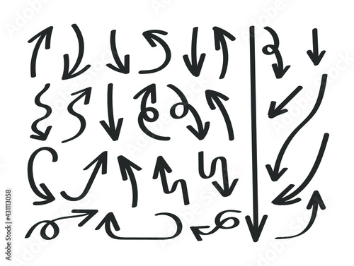 Vector Set of Handdrawn Simple Arrows Isolated on White Background, Direction Signs.