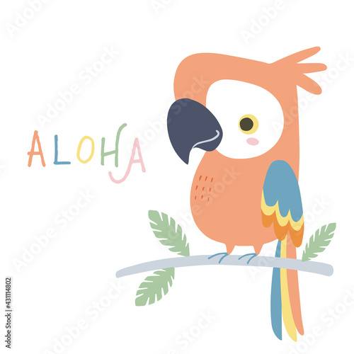 Vector illustration of cute parrot on branch. Hand drawn childish illustration of macaw character. Isolated on white background.