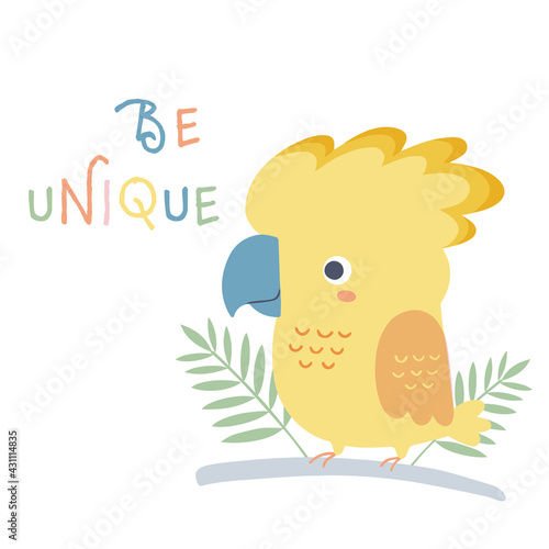 Vector illustration of cute tropical bird, parrot. Hand drawn cartoon character of Moluccan Cockatoo on branch. Isolated on white background.