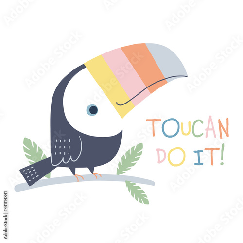 Vector illustration of cute toucan on branch. Hand drawn childish character of toucan. Isolated on white background.