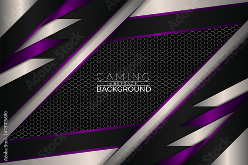 Futuristic Modern Gaming Diagonal Overlapped Layer Purple White and Grey with Hexagon Pattern Background