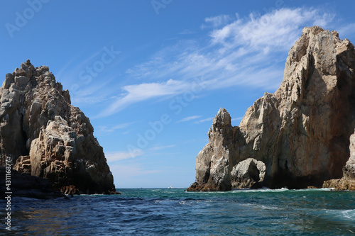 Beautiful view of The Arch, the iconic landmark along the rocky shoreline of the cape in Los Cabos,