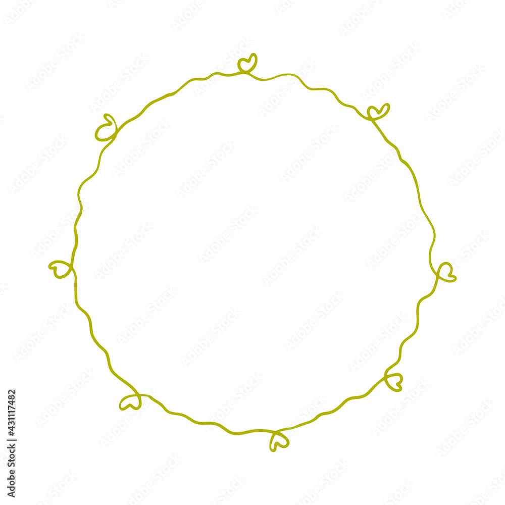 Continuous one line drawing of frame. Circle gold frame with little hearts. Vector illustration. Continuous one line drawing of frame. Circle gold frame with little hearts. Vector illustration.