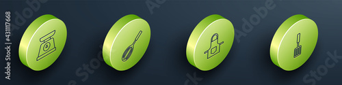 Set Isometric line Scales, Kitchen whisk, apron and Barbecue spatula icon. Vector
