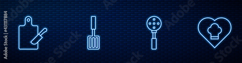 Set line Spatula, Cutting board and knife, Barbecue spatula and Chef hat. Glowing neon icon on brick wall. Vector