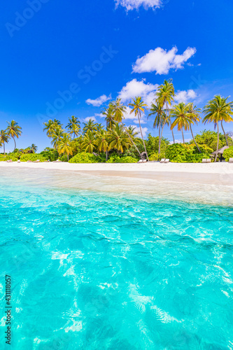 Tropical resort hotel beach paradise. Amazing nature, coast, shore. Summer vacation, travel adventure. Luxury holiday landscape, stunning ocean lagoon, blue sky palm trees. relax idyllic inspire beach © icemanphotos