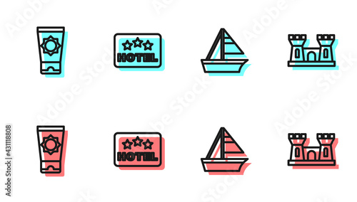 Set line Yacht sailboat, Sunscreen cream in tube, Signboard with text Hotel and Sand castle icon. Vector