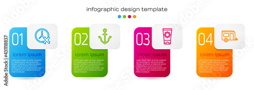 Set line Clock with airplane, Anchor, Sunscreen cream in tube and Rv Camping trailer. Business infographic template. Vector