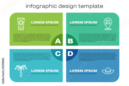 Set line Tropical palm tree, Sunscreen cream in tube, Elegant women hat and Plane. Business infographic template. Vector