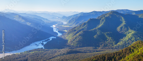 Morning in the Altai mountains, over the Katun river, panoramic view