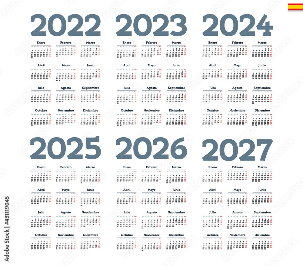 Spanish calendar 2022, 2023, 2024, 2025, 2026, 2027 on white background Spanish calendar 2022, 2023, 2024, 2025, 2026, 2027 on white background