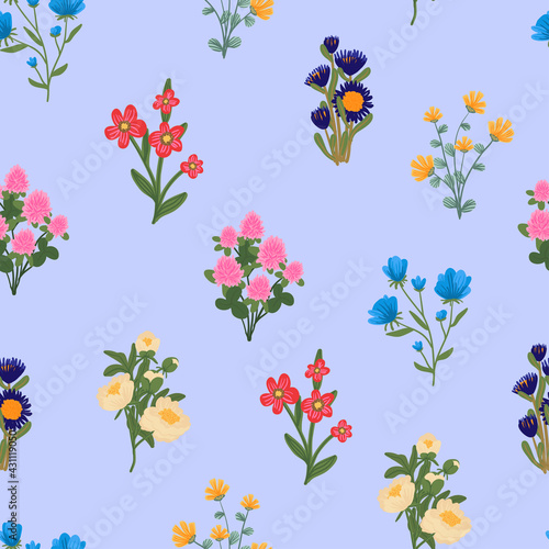 Spring flowers print. Blooming midsummer meadow vector seamless pattern. Plant background for fashion, wallpapers, wrap. Different flowers on the field. Liberty style millefleurs. Floral design