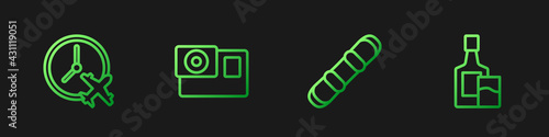Set line Snowboard, Clock with airplane, Action camera and Whiskey bottle and glass. Gradient color icons. Vector