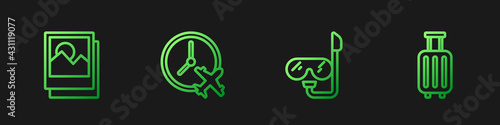Set line Diving mask and snorkel, Photo, Clock with airplane and Suitcase. Gradient color icons. Vector