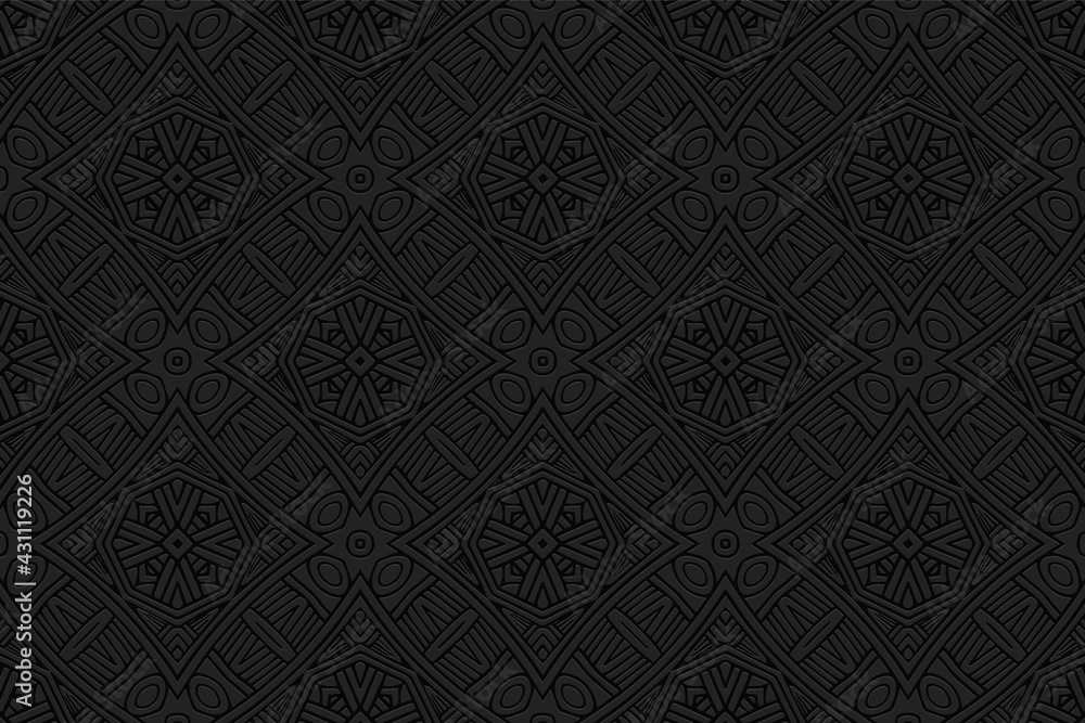 3d volumetric convex geometric black background. East style. Ornament with ethnic relief pattern. Abstract wallpapers for presentations, websites, textiles, coloring.