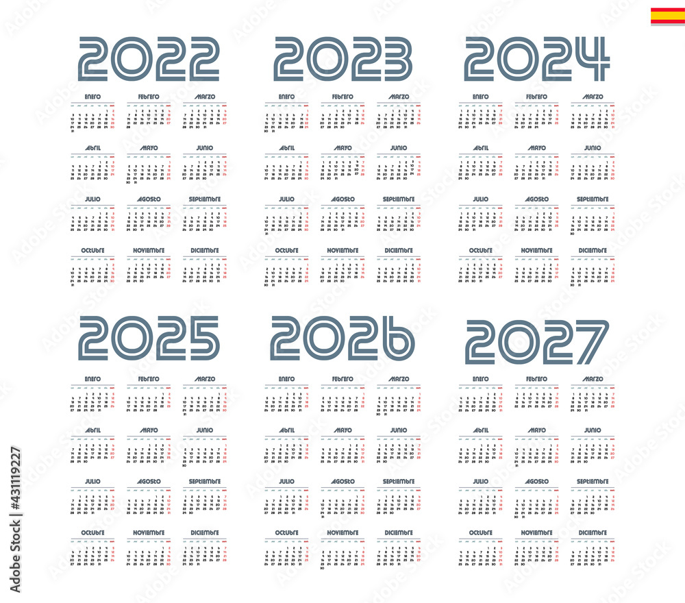 Spanish calendar 2022, 2023, 2024, 2025, 2026, 2027 on white background, week starts on Monday Spanish calendar 2022, 2023, 2024, 2025, 2026, 2027 on white background, week starts on Monday