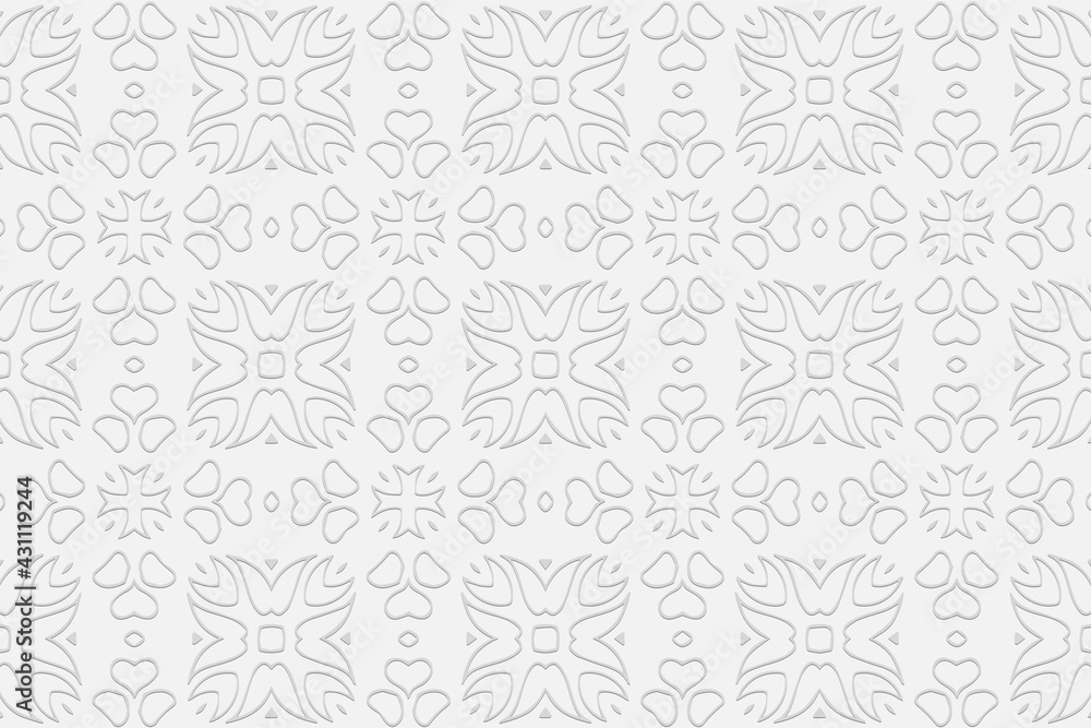 3d volumetric convex geometric white background. Eastern Islamic, Moroccan style. Ornament with ethnic relief simple graceful pattern. Wallpaper for presentations, websites, textiles, coloring.