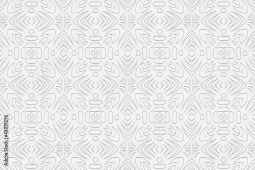 3d volumetric convex geometric white background. Eastern Islamic, Moroccan style. Ornament with ethnic relief pattern. Trendy wallpapers for presentations, websites, textiles, coloring.