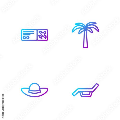 Set line Sunbed and umbrella, Elegant women hat, Airline ticket and Tropical palm tree. Gradient color icons. Vector