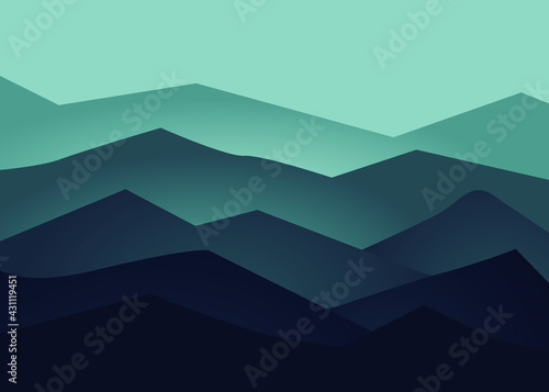 Vector drawing of mountains at dawn  panoramic image. Vector illustration