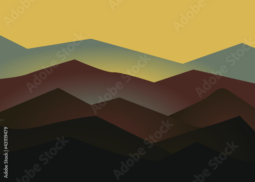 Vector drawing of mountains at dawn, panoramic image. Vector illustration