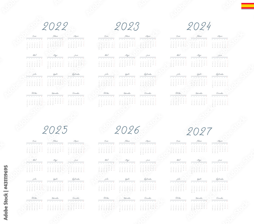 Spanish calendar 2022, 2023, 2024, 2025, 2026, 2027 on white background, week starts on Monday Spanish calendar 2022, 2023, 2024, 2025, 2026, 2027 on white background, week starts on Monday