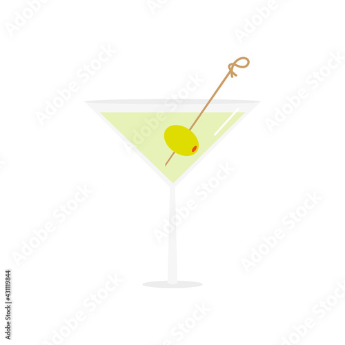Martini in cocktail glass with olive as a garnish vector cartoon style illustration, icon.