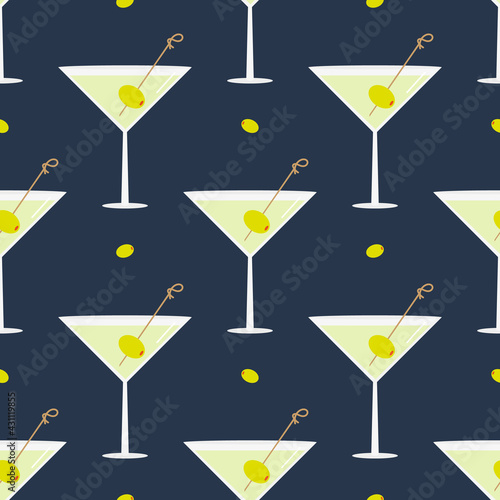 Martini cocktail in glasses with olives vector cartoon style seamless pattern background.