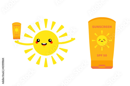 Sun character holding sunscreen in hand and bottle, tube of sunscreen. Sun protection during summer time vector icons, illustration.