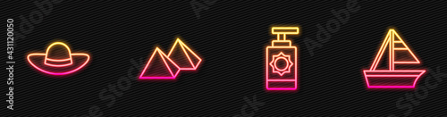 Set line Sunscreen spray bottle, Elegant women hat, Egypt pyramids and Yacht sailboat. Glowing neon icon. Vector