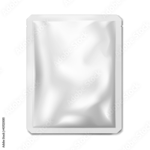 Blank white sachet packet with tear notches - vector mockup. Individual plastic wrapping bag for cosmetic, medical or food product - mock-up. Template for design