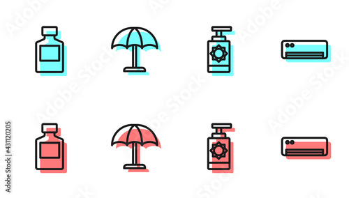 Set line Sunscreen spray bottle, Whiskey, protective umbrella and Air conditioner icon. Vector