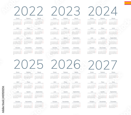 Spanish calendar 2022, 2023, 2024, 2025, 2026, 2027 on white background, week starts on Monday
