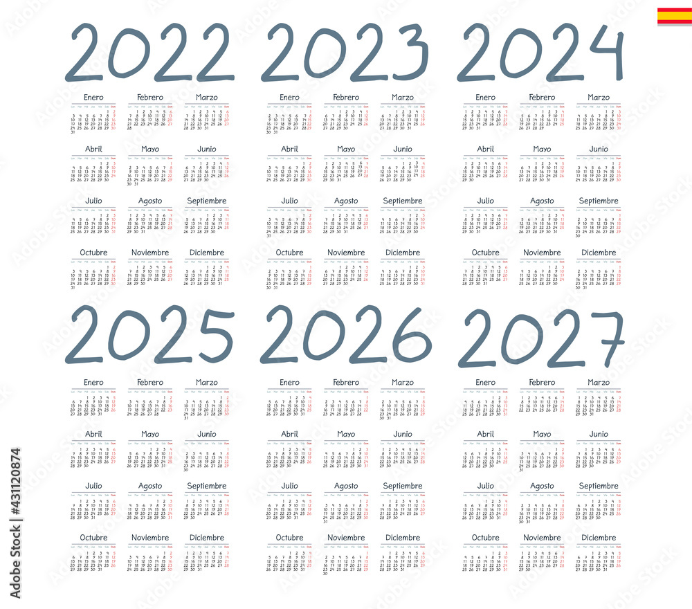 Spanish calendar 2022, 2023, 2024, 2025, 2026, 2027 on white background