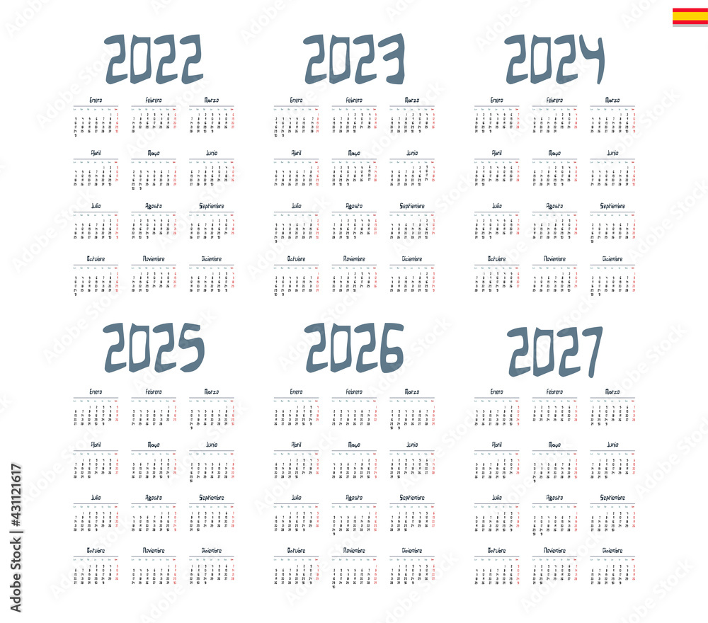 Spanish calendar 2022, 2023, 2024, 2025, 2026, 2027 on white background, week starts on Monday Spanish calendar 2022, 2023, 2024, 2025, 2026, 2027 on white background, week starts on Monday