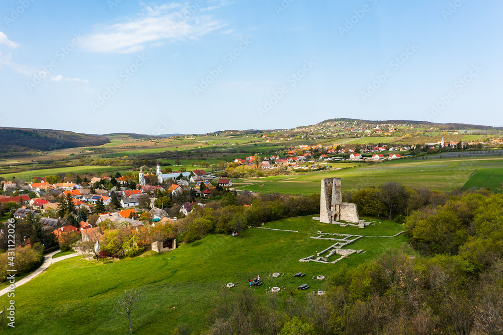 Blessed woman church ruins in Hungary near Lake Balaton in Dorgicse village. Amazing panoramic view and unique medieval historical ruins is there.