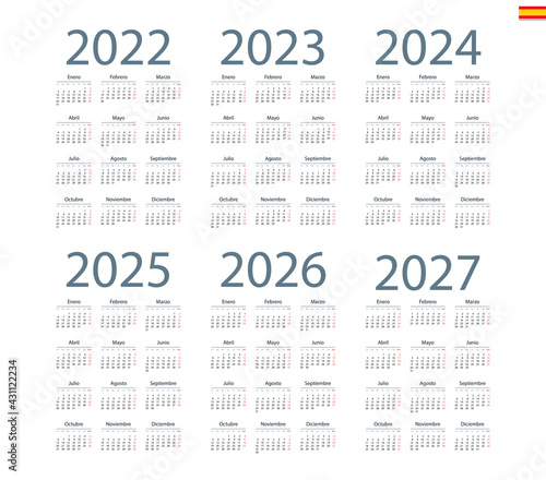 Spanish calendar 2022, 2023, 2024, 2025, 2026, 2027 on white background, week starts on Monday