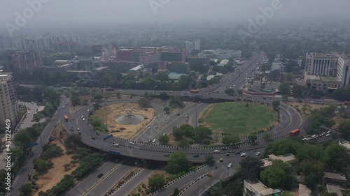 An aerial shot of the AIIMS flyover with running traffic during the COVID-19 pandemic in New Delhi, India
 photo