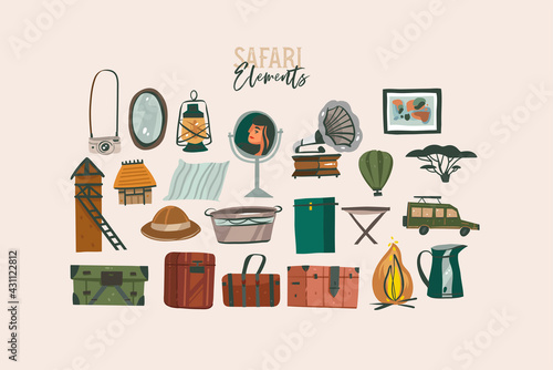 Hand drawn vector stock abstract flat graphic illustration African Safari collection set,with travel journey elements equipment and objects,cartoon design isolated on white background