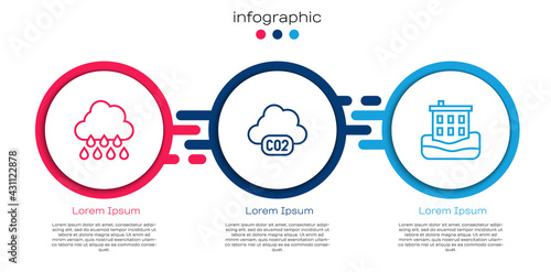 Set line Cloud with rain, CO2 emissions cloud and House flood. Business infographic template. Vector