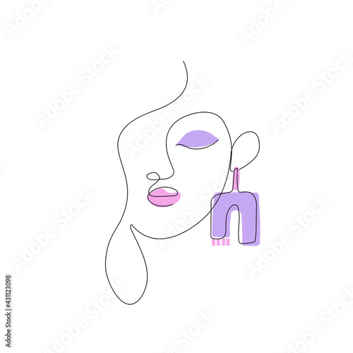 abstract woman face with makeup and Statement Earring linear drawing with pink-purple spots. vector female head, logo for a shop with hand-made ornaments in the style of scandi or boho