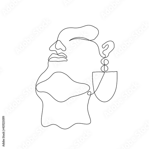 abstract female face with Statement Earring - one closed line drawing. woman's head thrown back with a part of a woman's face (lips, eye closed, nose, neck and chin)