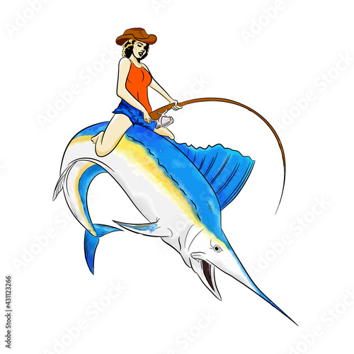 woman catch marlin fish with jumping and smile illustration
