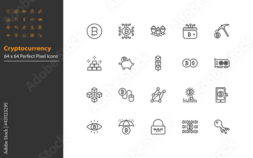 set of cryptocurrency thin line icons, blockchain, digital mpney, fintech