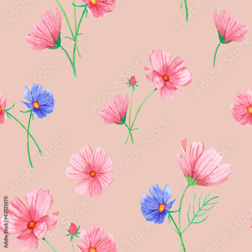 Fototapeta Naklejka Na Ścianę i Meble -  Watercolor seamless pattern with summer pink flowers on a beige background, hand-drawn. For textile, greeting card, wrapping paper, wedding invitations.