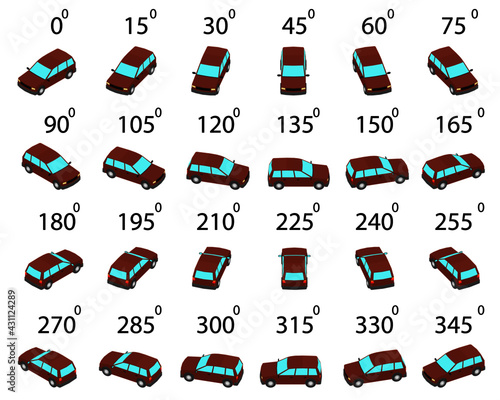 A set of 24 station wagon car from different angles. Animation of the rotation of a brown car by 15 degrees. 