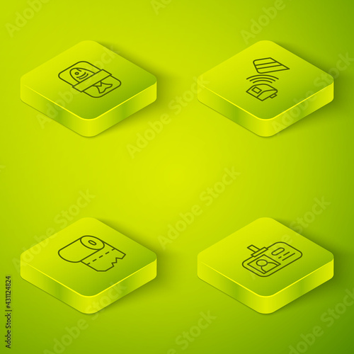 Set Isometric line POS terminal with credit card, Toilet paper roll, Identification badge and Fish plastic tray container icon. Vector